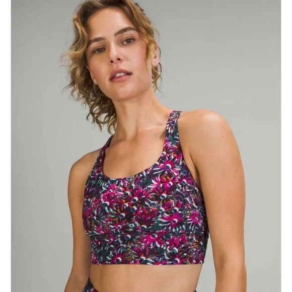 Lululemon Energy Longline Bra Medium Support Size 2 Floral Electric Strappy Back - Picture 2 of 15